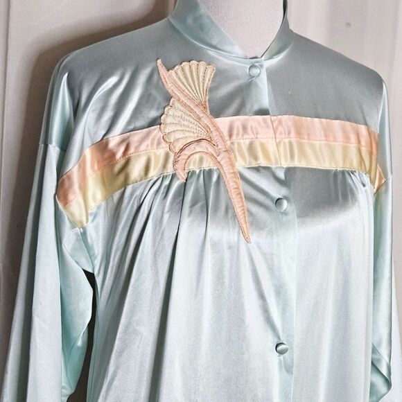 Vanity Fair Vintage Pastel Blue Green Fan Flower Button Front Dressing Gown Robe - Picture 2 of 8